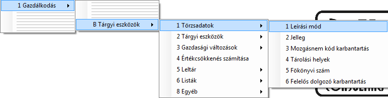 A címek előtti számok jelzik az elérési útvonalat. Elsőként tekintsük át a tárgyi eszközök törzsadatait. Ezek az 1.B.1. menüpont alpontjaiban találhatók.