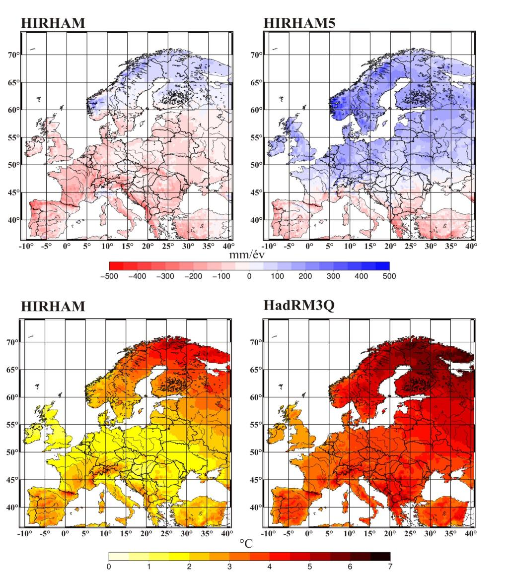 7. ábra: A szélsőséges modellek hőmérséklet és csapadék különbségei a 2071 2100-as és az 1971 2000-es időszakok között A legnagyobb csapadékcsökkenést a HIRHAM, míg a legnagyobb csapadéknövekedést a