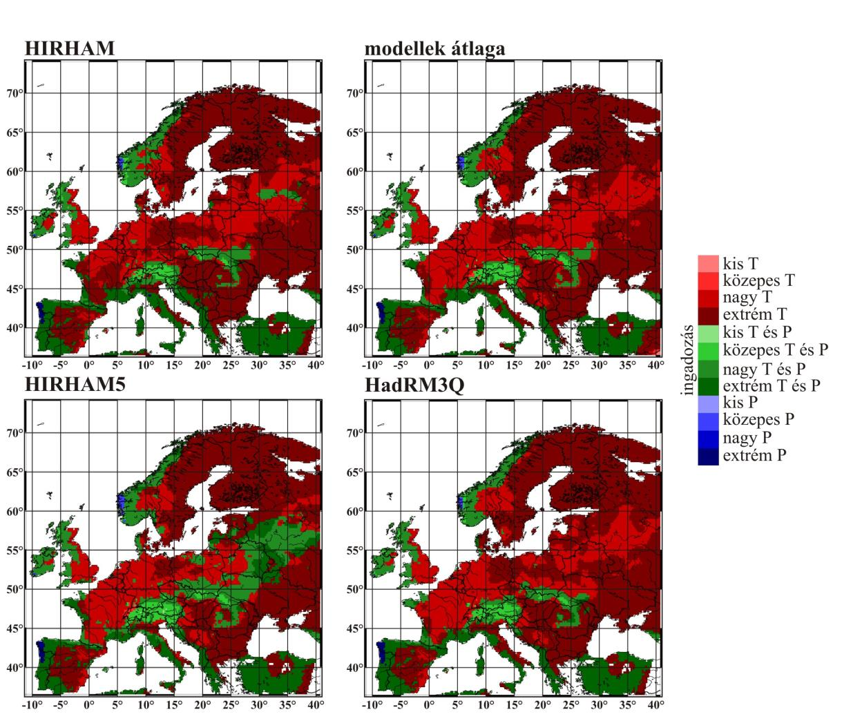 modellre nem jellemző. További különbség a hőmérséklet extrém szezonalitásának területi eloszlásában fedezhető fel.