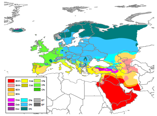 1. ábra: Európa éghajlata Köppen (1936) alapján (Peel et al., 2007) Európa éghajlatának leírása Thornthwaite (1948) módszere szerint Villmow (1962) alapján kerül bemutatásra.