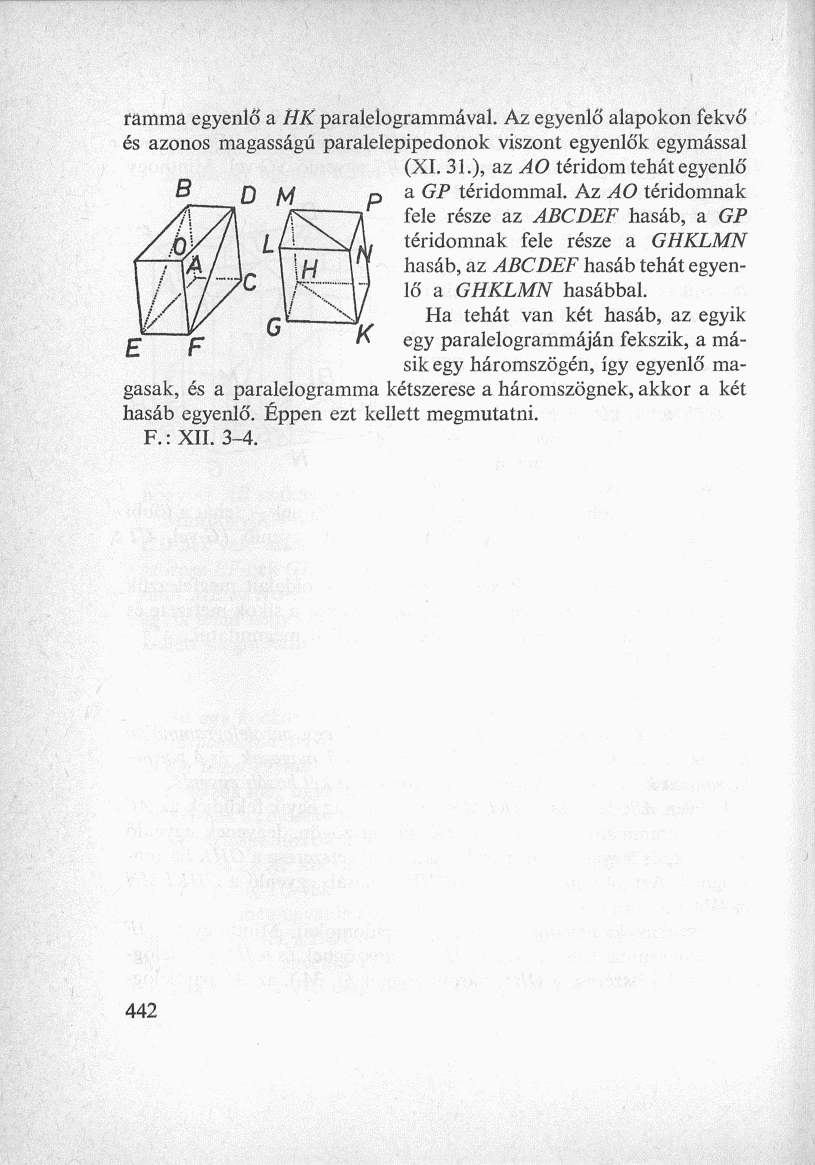 fámmá egyenlő a HK paralelogrammával. Az egyenlő alapokon fekvő és azonos magasságú paralelepipedonok viszont egyenlők egymással (XI. 31.), az AO téridom tehát egyenlő a GP téridommal.