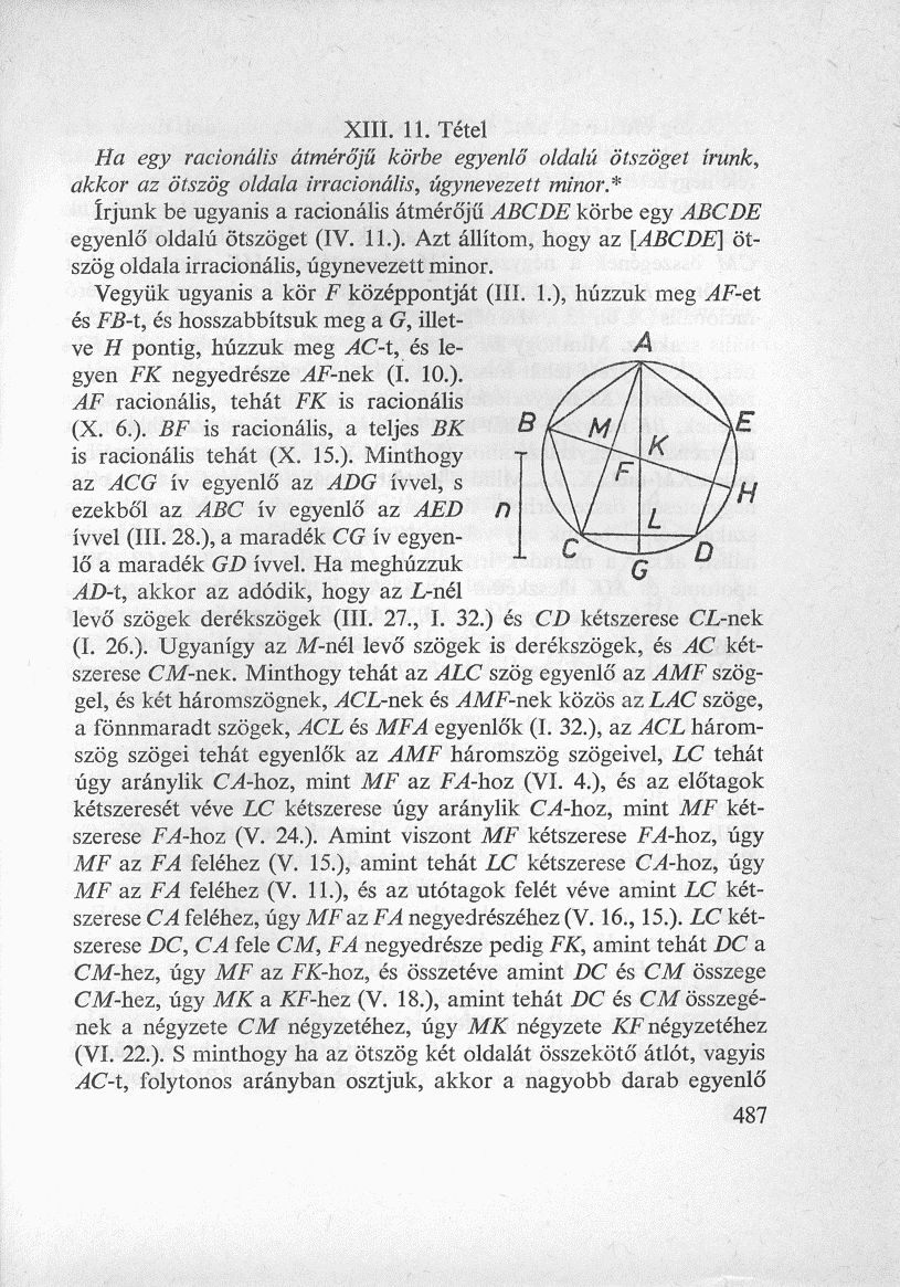 XIII. 11. Tétel Ha egy racionális átmérőjű körbe egyenlő oldalú ötszöget írunk, akkor az ötszög oldala irracionális, úgynevezett minor.