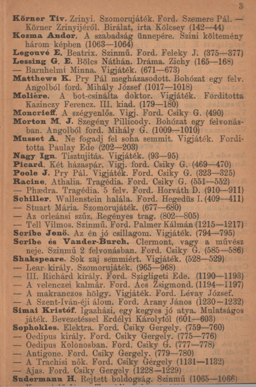 Körner Tiv. Zrínyi. Szomorujáték. Ford. Szemere Pál. Körner Zrínyijéről. B írálat, irta Kölcsey (142 44) Kozma Andor. A szabadság ünnepére. Színi költemény három képben (1063 1064) Eegouvé E. Beatrix.