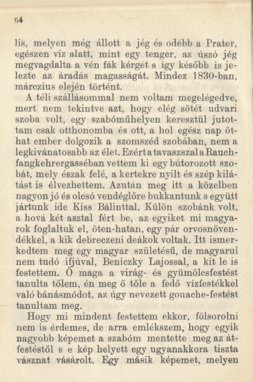 Hs, melyen még állott a jég és odébb a Práter, egészen víz alatt, mint egy tenger, az úszó jég megvagdalta a vén fák kérget s így később is jelezte az áradás magasságát.