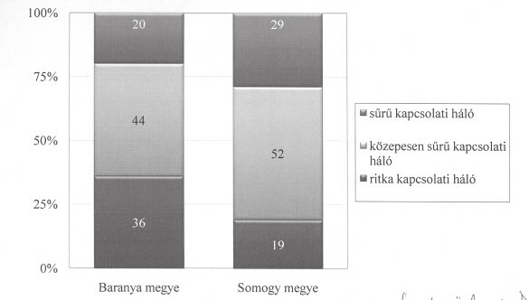 Az ábra jól szemlélteti azt, hogy a két megye szervezeteinek kapcsolati intenzitása jelentõsen eltér egymástól.