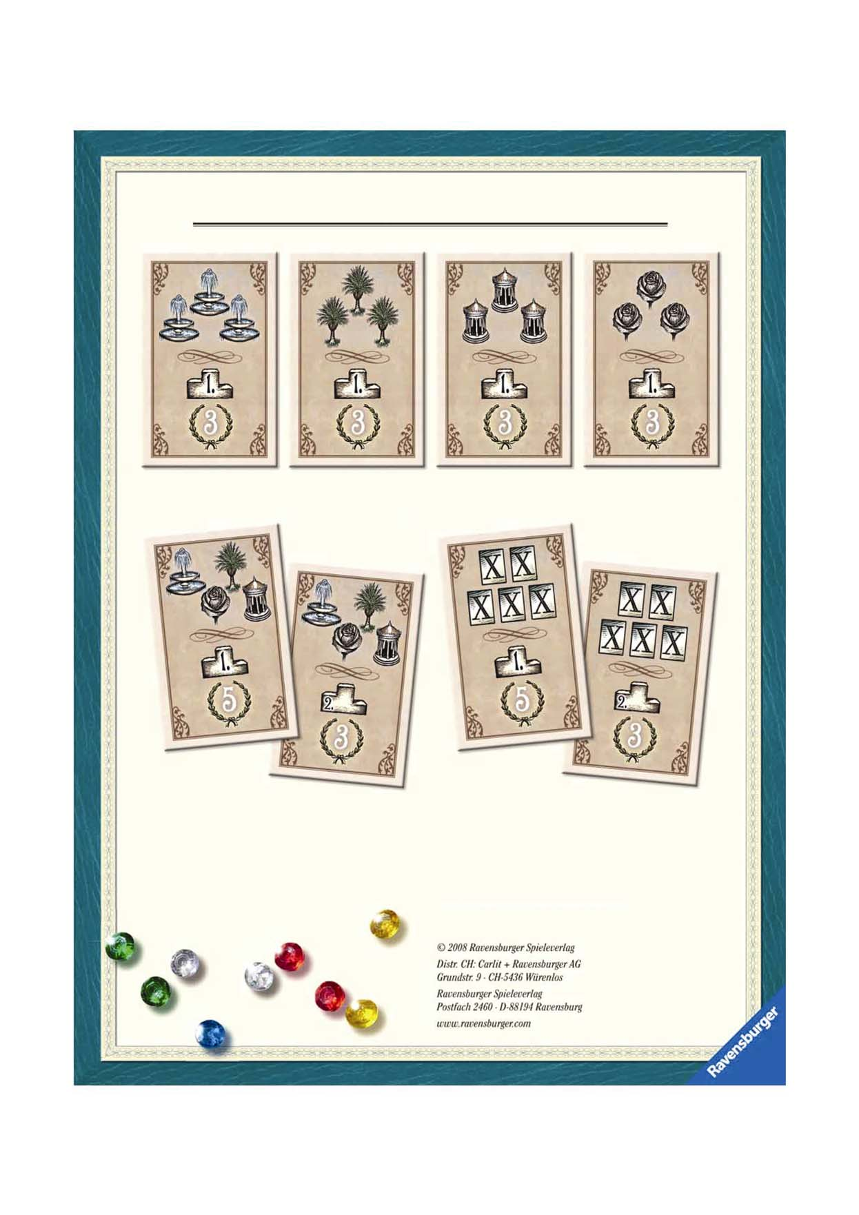 A bónuszkártyák összefoglalója Az első játékos, aki leépít 3 szökőkutat, 3 üvegházat, 3 pavilont vagy 3 rózsakertet, azonnal megkapja a hozzá tartozó bónuszkártyát, ami a játék végén 3 GYP-t jelent