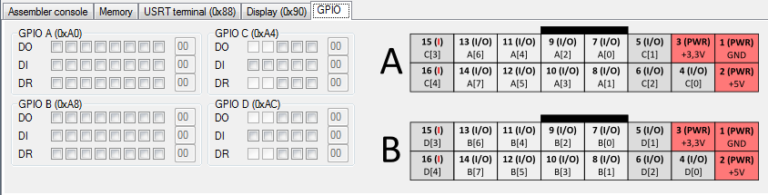 fájlba mentésére is GPIO ablak A GPIO perifériák állapotát jeleníti meg és ezek regiszterszintű