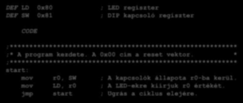 (0x80) Nem használunk megszakítást, ezért a program kezdődhet a 0x00 címen (reset vektor) DEF LD 0x80 DEF SW 0x81 ; LED regiszter ; DIP kapcsoló regiszter CODE