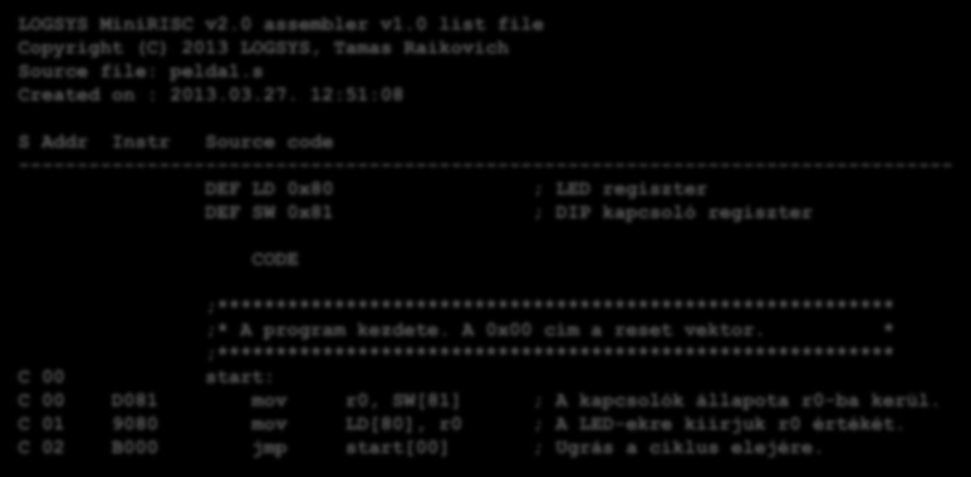 Példaprogramok 1. példa: a DIP kapcsoló állapotának megjelenítése a LED-eken Az assembler által generált listafájl tartalma LOGSYS MiniRISC v2.0 assembler v1.