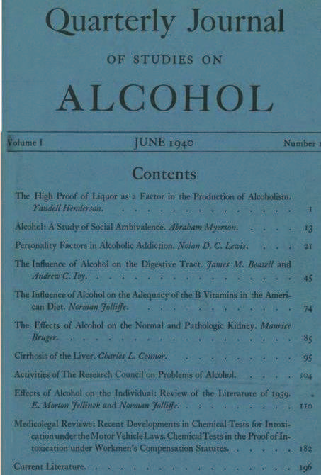 2. ábra A Quarterly Journal of Studies on Alcohol első száma a tartalomjegyzékkel a címlapon Howard Haggard Jellineket választotta a lap első szerkesztőjeként.