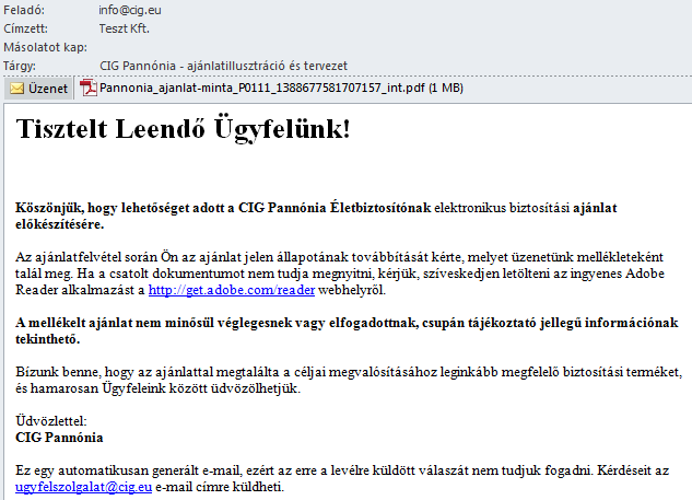A kiküldött e-mail tárgya: CIG Pannónia - ajánlatillusztráció és