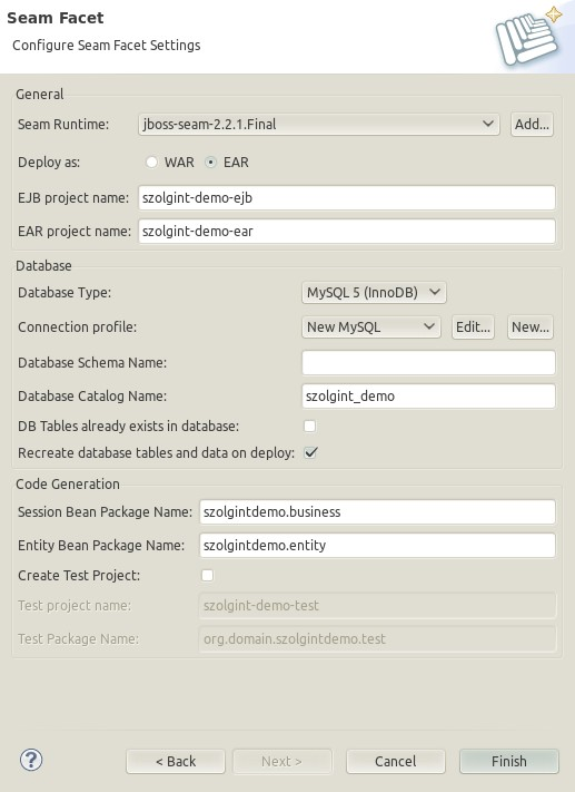 5 Seam konfiguráció A Runtime-ban meg kell adni a Seam disztribúció elérési útját. A Deploy as pontban állítható, hogy milyen formátumban kerüljön telepítésre a programunk az alkalmazásszerverre.