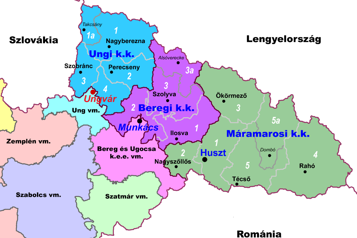 4.3 Megyehatár változások A területnövekedés után a vármegyék közül csak Ung és Bereg alakult meg újonnan, de Ung csak részben. Eredeti területének kis része Szlovákiánál maradt.