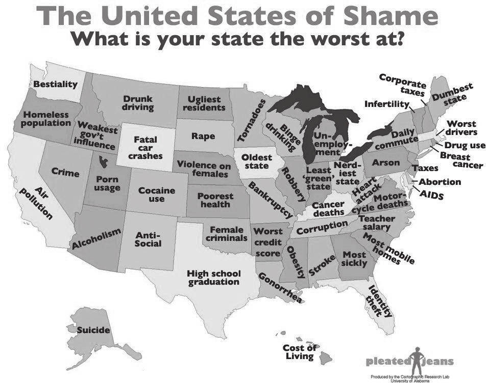 9. ábra. Az USA szégyen-térképe: melyik állam miben a leggyengébb A Healtway üzleti tanácsadó szervezet lakossági jól-lét javító programok készítésével és tanácsadásával foglalkozik.