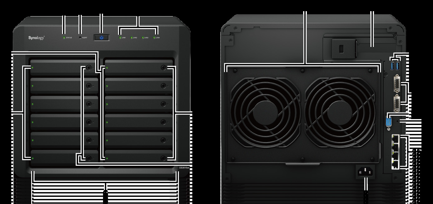 Synology DiskStation áttekintés No. Cikk neve Hely Leírás 1 Állapot indikátor 2 Riasztás indikátor 3 Tápfeszültség gomb 4 LAN indikátor Mellső panel A rendszer állapotát jeleníti meg.