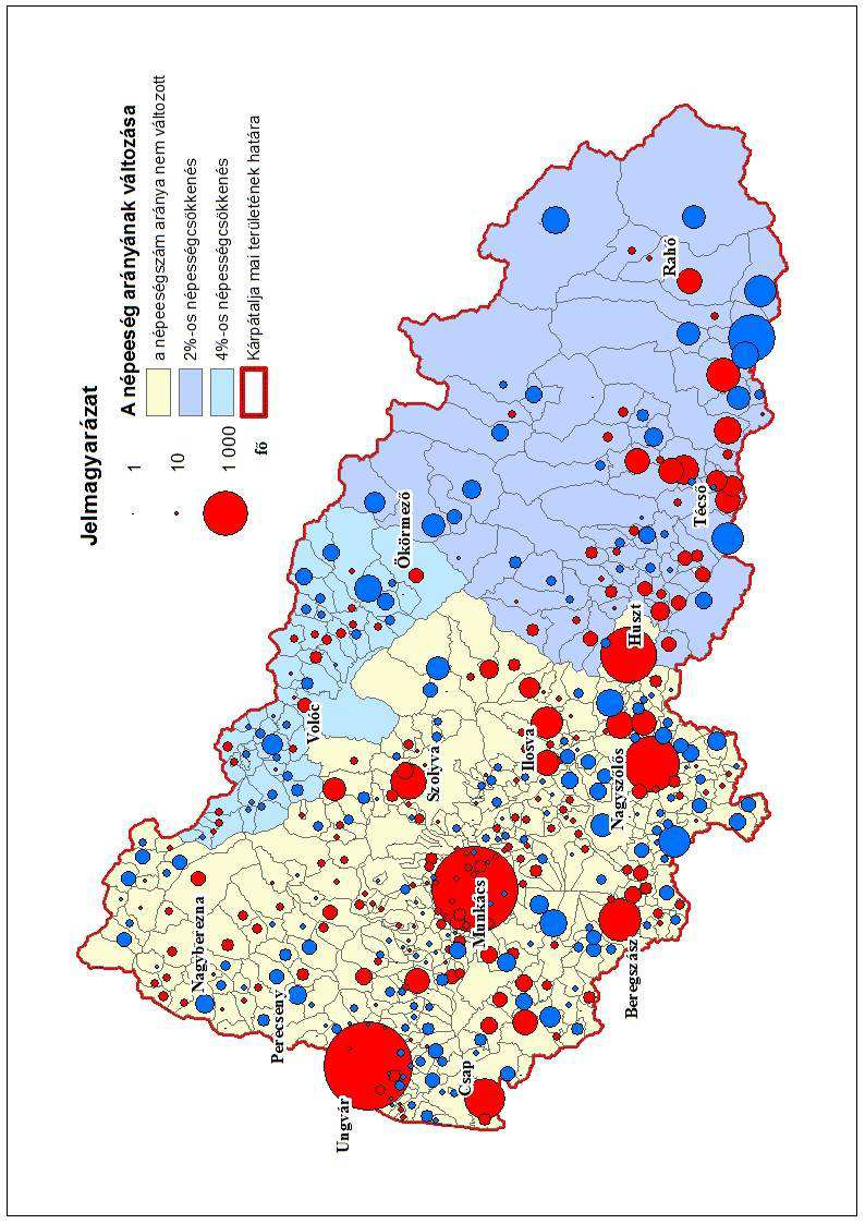 12. melléklet A települések lakosságszámának növekedése (pirossal) és csökkenése (kékkel)