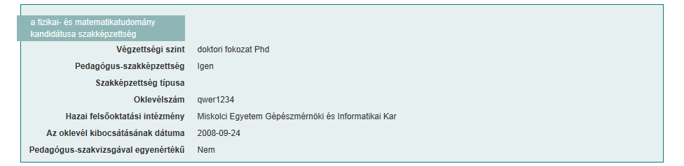 4.3. A Szakmai önéletrajz oldal Az oldal tartalma a KIR-ből, a pedagógus profiljából,