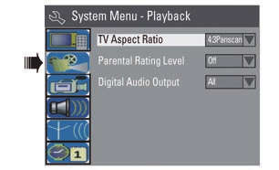 DVD rendszermenü opciók Belépés a rendszermenübe Lejátszás TV képformátum Állítsa be a DVD-felvevő készüléken a kép oldalarányát úgy, hogy az a legjobban megfeleljen az Ön által használt TV
