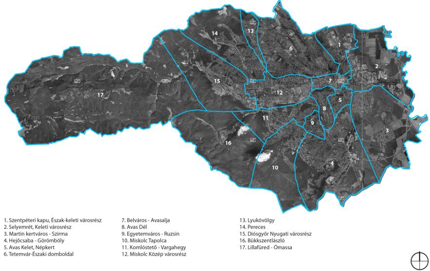 3.2 Részcélok és a beavatkozások területi egységeinek meghatározása A koncepcióban 17 városrész lehatárolására került sor (3. ábra).