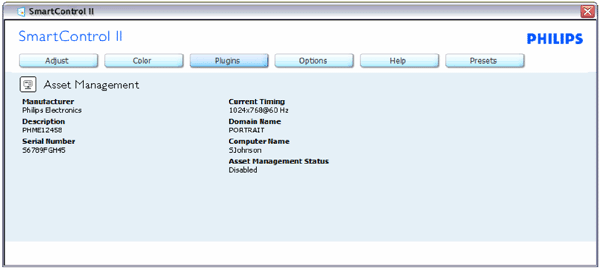 Megjeleníti az eszközkezelési információkat a következőkkel kapcsolatban: Managment (Kezelés), Description (Leírás), Serial Number (Sorozatszám), Current Timing (Jelenlegi időzítés), Domain Name