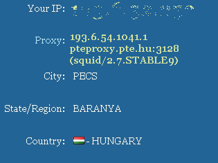 A helyes működést jelzi, hogy a "Proxy" résznél a 193.6.54.104-es IP cím látszik, ami a központi proxy szerver címe.