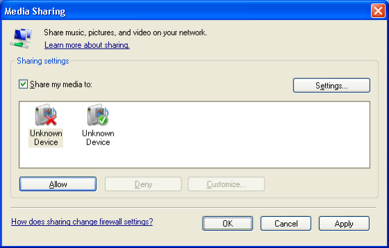Windows Media Player v11 Windows XP rendszeren Hálózati megosztás beállítása 1 A Windows Media Player alkalmazásban válassza a menüből a Library (Könyvtár), majd a Media sharing (Médiafájlok