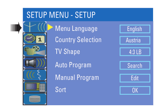 Nyomja meg a távvezérlő SETUP gombját! A beállító menü jelenik meg a TV-n.