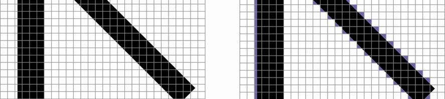 A szkennelés megváltoztatja a vonalak széleit A 13. ábra jól mutatja, milyen problémák merülnek fel a vonalak szkennelésekor, a kép pixelekre bontása miatt.