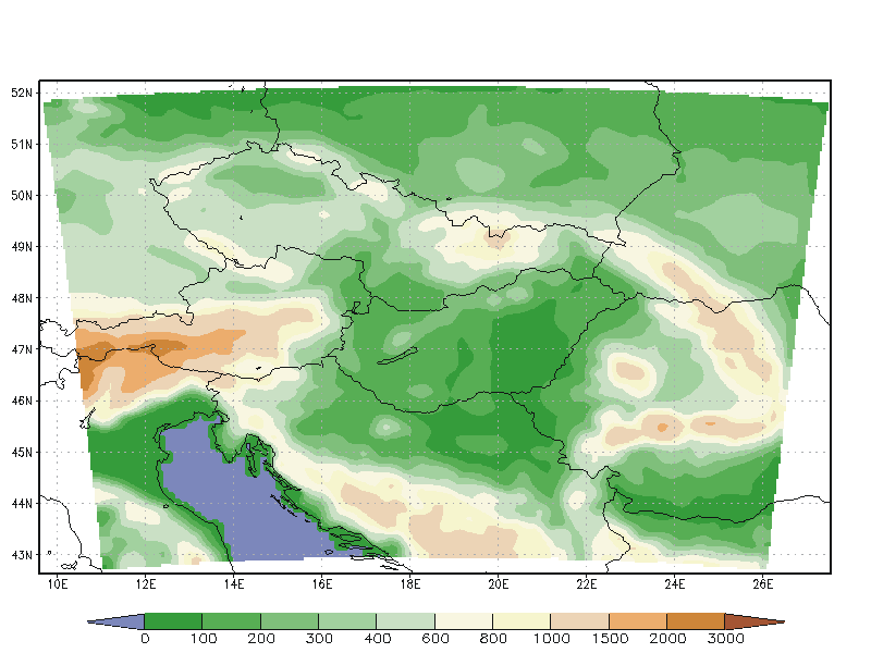 A RegCM integrálási tartománya és s vizsgálati célterülete lete λ NE = 23,55 K ϕ NE = 49,75