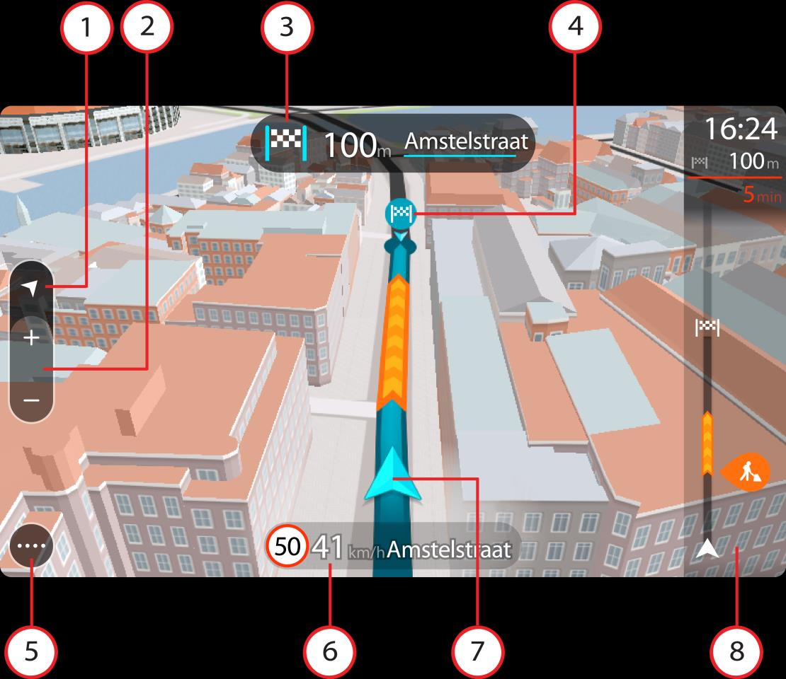 Amikor a navigációs alkalmazás úgy indul el, hogy előtte ki volt kapcsolva és van tervezett útvonala, akkor a térkép nézet jelenik meg a tervezett útvonallal. 1. Nézet gomb.