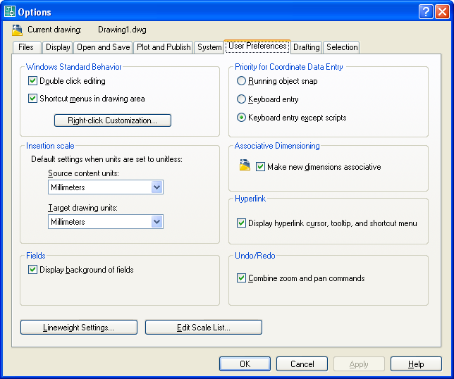 14 EGEREK A rajzterületen megjelenő összes helyi menüt kikapcsolhatjuk a parancssori OPTIONS paranccsal vagy a Tools/Options paranccsal megjelenített párbeszédpanel User Preferences lapján (lásd az