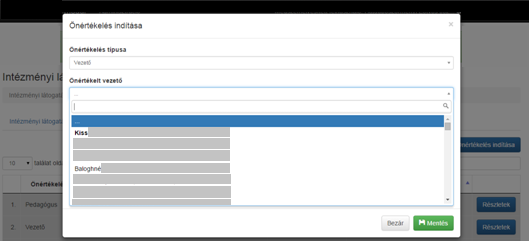 Az önértékelések indítása intézményvezetői feladatok 11 11. kép Önértékelt vezető kiválasztása - Ezt követően rögzíteni kell az Adatgyűjtő személyét (10. kép).