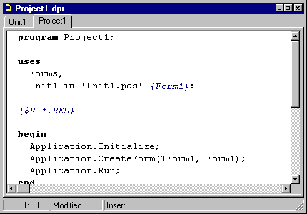 A következı ábra szerinti ablak látható: Az ablakban az eddig "megírt" Object Pascal nyelvő kódszöveget látjuk.