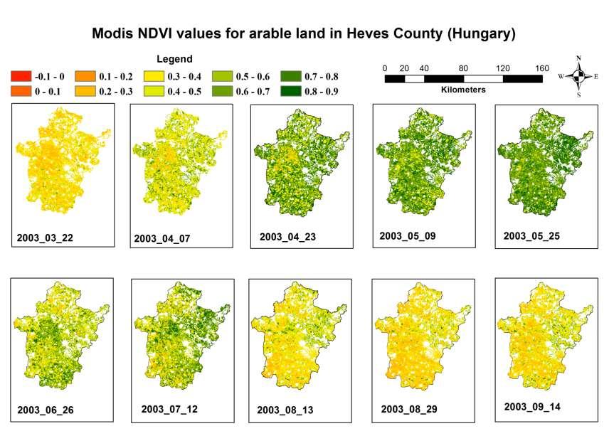 Az aszályszintek azonosítása és kalibrálása MODIS NDVI értékek Békés megye szántóföldi területeire (2003) Nedves