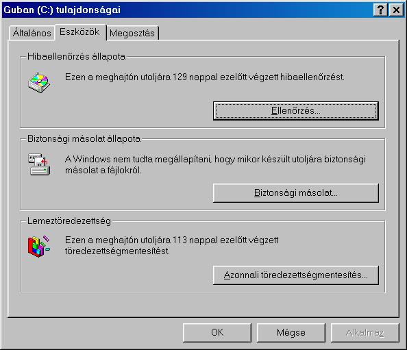 : www.pszfsalgo.hu, : radigyorgy@gmail.com, : 30/644-5111 Windows 98 Eszközök fül Hibaellenırzés (SCANDISK) A hibaellenırzéskor kiválaszthatjuk a meghajtóegységet, majd a Teszt típusát.