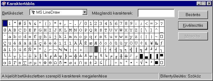 Windows 98 : www.pszfsalgo.hu, : radigyorgy@gmail.com, : 30/644-5111 Válasszuk ki a megfelelı karaktert (a betőtípus megválasztásával együtt). Kiválasztással bekerül a másolandó karakterek közé.