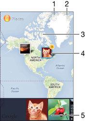 1 Helycímkével ellátott fényképek megjelenítése földgömb nézetben 2 Menüparancsok megjelenítése 3 Dupla koppintás a nagyításhoz, csippentés a kicsinyítéshez.