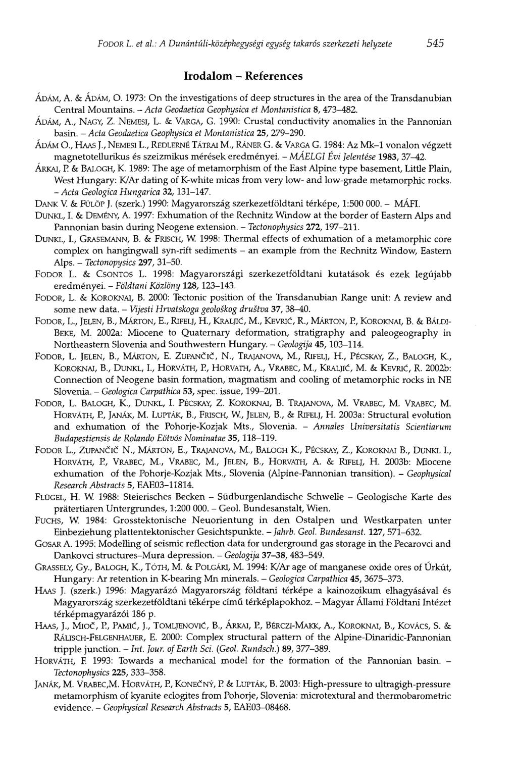 FODOR L. et al: A Dunántúli-középhegységi egység takarás szerkezeti helyzete 545 Irodalom - References ÁDÁM, A. & ÁDÁM, O.