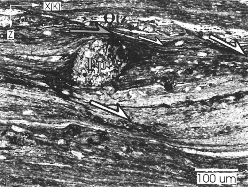 Ductile structures indicate top-to-the-ne extensional shear related to sub-horizontal stretching and sub-vertical shortening.