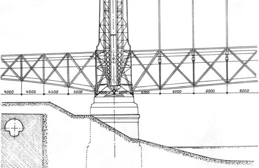 A merevítőtartó folytatólagos, a középső nyílásban függesztőrudak tartják, a szélsőkben önhordó. 4.ábra Az Erzsébet-híd terve. A láncok lehorgonyzása [3].