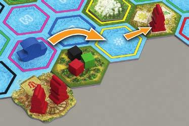 1 vagy több istennel előrelép összesen 3 lépést. Példa: A játékos a sárga akciót használta Egy sziget felfedezésére. A képe megegyezik az egyik Zeusz-lapkájáéval. Így jutalmul építhet egy szentélyt.