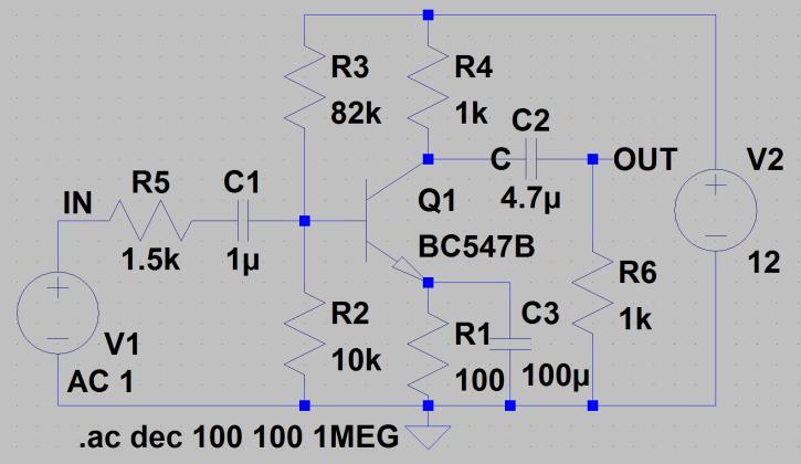 Vizsgálja ki az erõsítõ viselkedését a 00 Hz - MHz frekvencia-tartományban (AC analízis) az alábbi szimulációs modell alapján! 8.