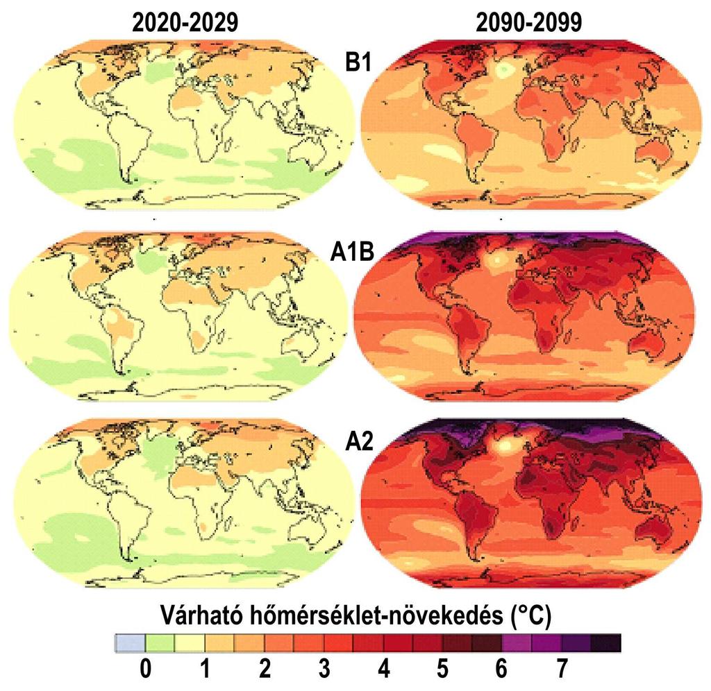 A globális hőmérsékletváltozás becslések területi eloszlása 2020-2029 és 2090-2099 Közeljövő: