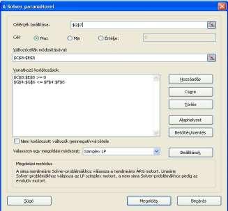 =MSZORZAT(C4:E7; TRANSZPONÁLÁS(C8:E8))} A Solver feladata lesz a gyártási értékek olyan változtatása, hogy a célfüggvény maximális legyen, miközben a tényértékek nem haladhatják meg a korlátozásokat.