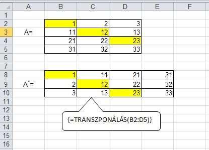 Transzponálás(); Mszorzat(); Inverz.mátrix(). Értéket eredményez: Mdeterm(). További, blokkot eredményező függvények (nem teljes felsorolás): Index(), Lin.ill(), Log.ill(), Növ(), Trend() stb.