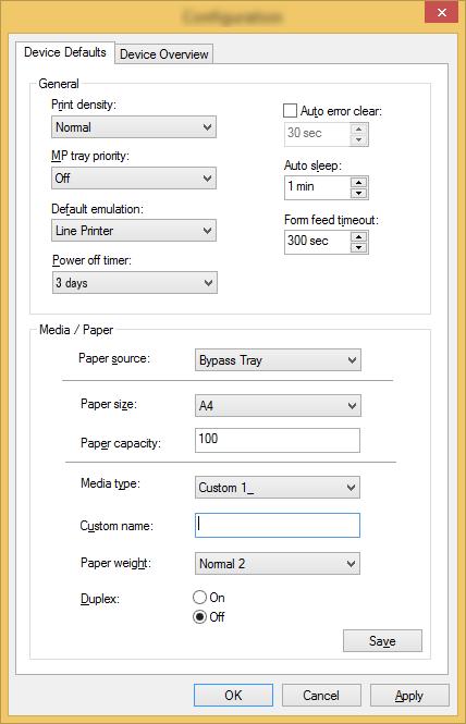 Nyomtatás számítógépről > Configuration Tool Configuration Tool beállítások képernyő Eszköz alapértelmezett beállítások A nyomtató illesztőprogram alapértelmezett beállításainak, valamint a készülék