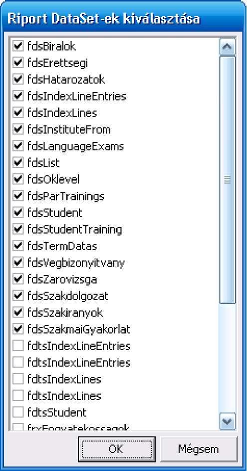 Teljes Elektronikus indexben használatos Dataset-ek A továbbiakban a megjelölt Dataset-ek jelennek meg a sablon szerkesztésekor.