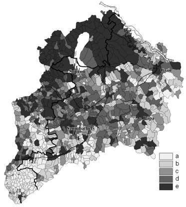 getként emelkedik ki elmaradott megyéjébõl. Átlagos fejlettségû sávok is csak a Gyõr Bécs és a Gyõr Pápa útvonal mentén rajzolódnak ki. 2. ábra. A Nyugat-Dunántúl településeinek fejlettsége, 1910.