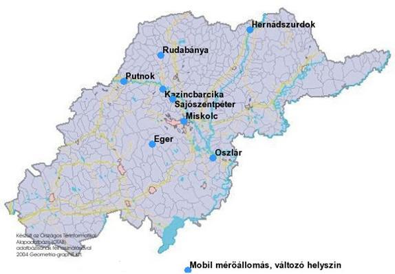 ábra az ÉMI-KTF illetékességi területén üzemelő monitor állomások elhelyezkedését mutatja. Ezen állomások mérési adatai képezik a disszertációban vizsgált összefüggések alapját. 36.ábra. Az ÉMI-KTF