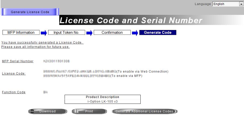 4.3 Az i-option licenc regisztrálása 4 7 Kiadásra kerül a licenckód és a funkciókód. Tippek - A kiadott licenckód és funkciókód az i-option engedélyezéséhez szükséges.